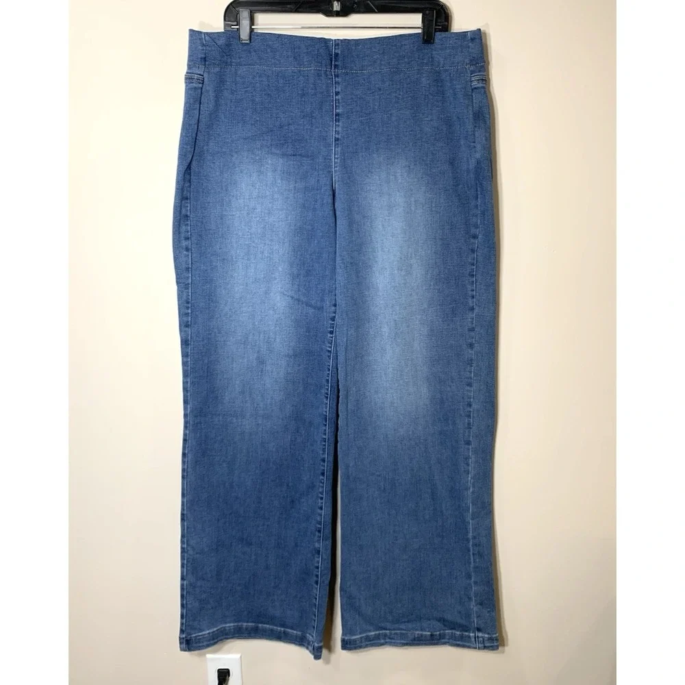 NYDJ Jeans Womens 14W Blue 37.5X32 Pull On Stretch Wide Leg High Rise Denim - Picture 1 of 9